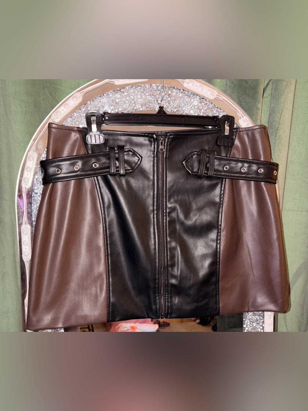 Vegan Leather Colorblock Skirt — Black and Brown
